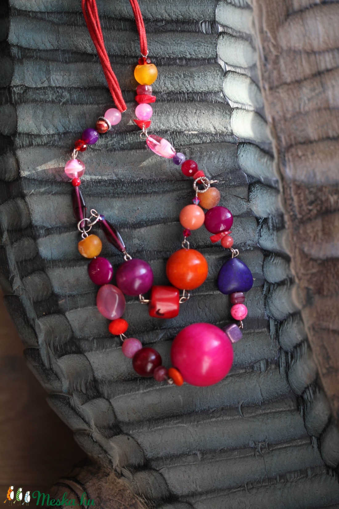 Pink-narancs-lila színes  2 soros ásvány nyaklánc -  - Meska.hu
