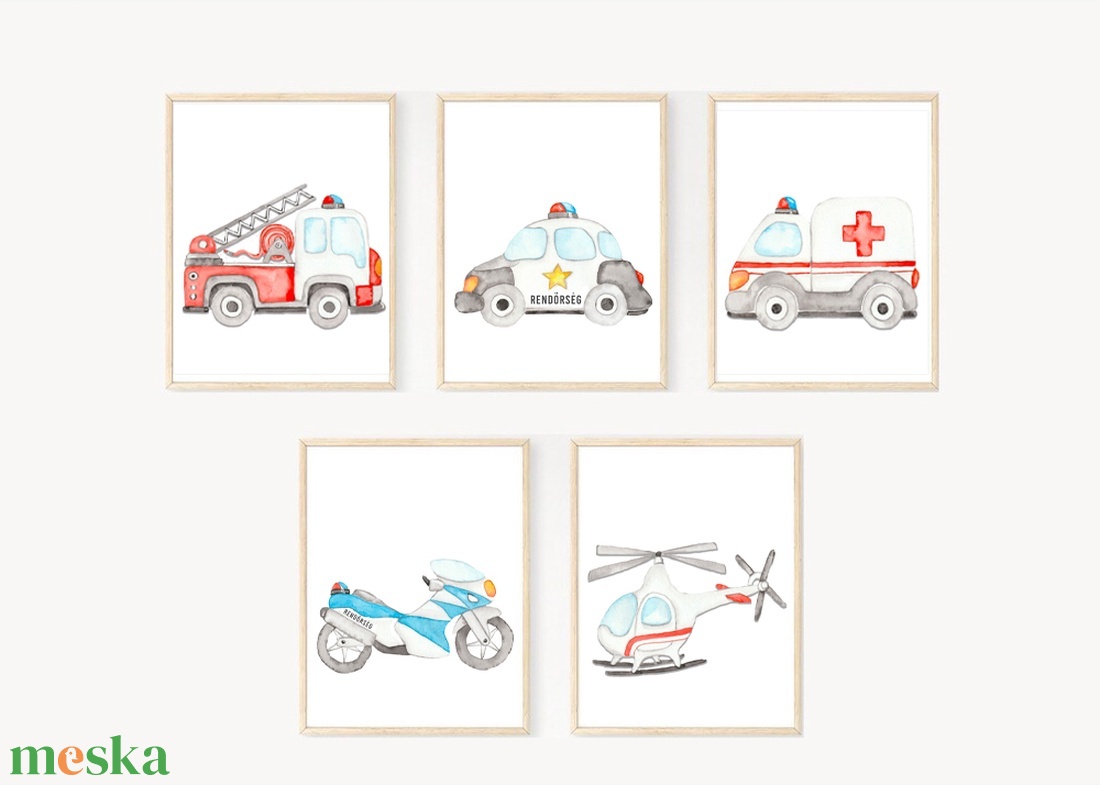 Sürgősségi járművek falikép szettje, A4-es, 6db-os dekor, Mentőautó, Rendőrautó, Tűzoltóautó, Helikopter, Rendőrmotor - otthon & életmód - dekoráció - fali és függő dekoráció - falra akasztható dekor - Meska.hu