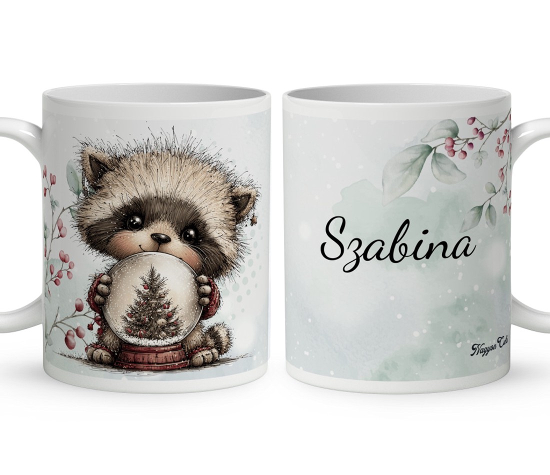 Névvel kérhető - Cuki téli mosómaci hógömbbel mintás bögre - otthon & életmód - konyhafelszerelés, tálalás - tálalás - bögre & csésze - Meska.hu