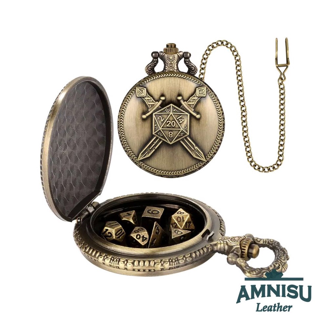 Bronz d20 karddal mini fém kockaszett zsebóra tokban - játék & sport - szerepjáték - Meska.hu