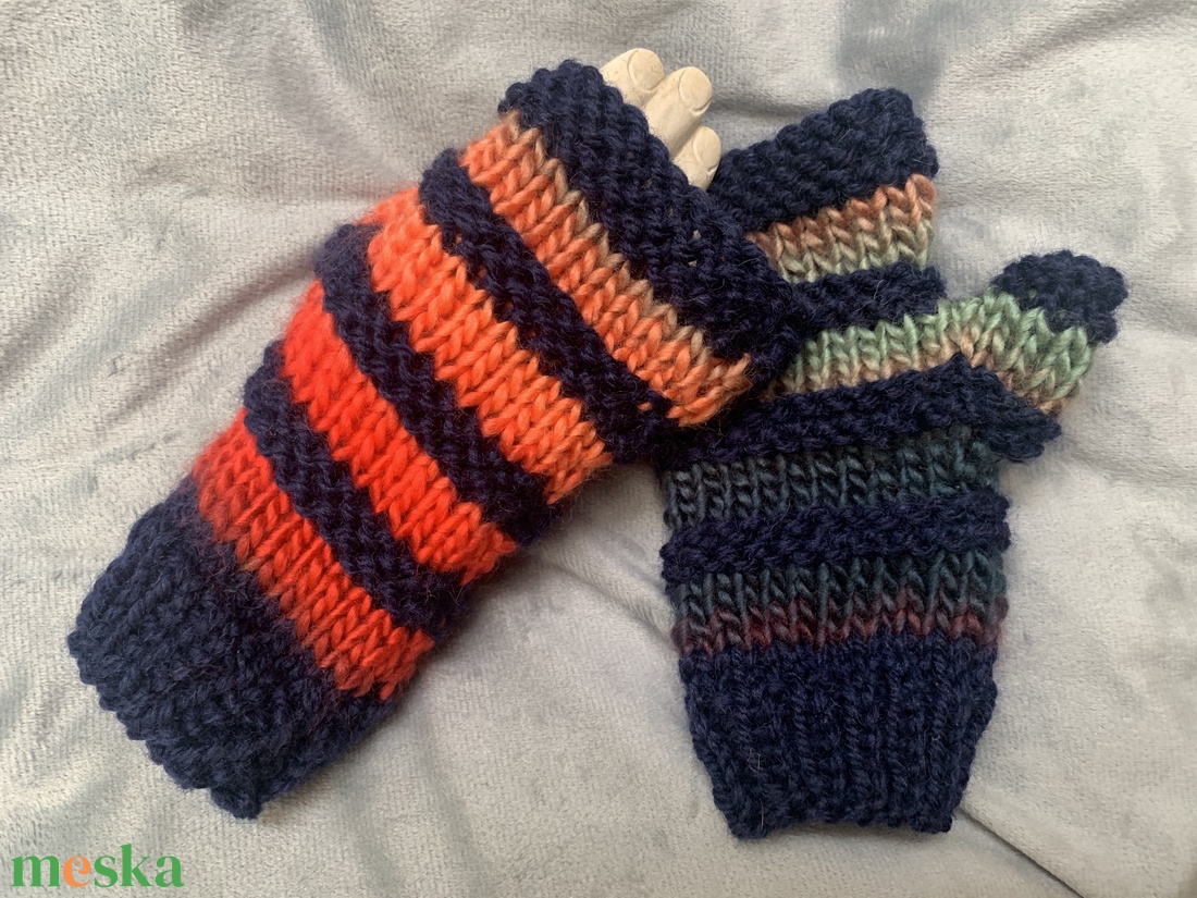 Sál kesztyű szett kézi készítésű sötét kék sál  színes melírozott csíkos  - ruha & divat - sál, sapka, kendő - kesztyű - Meska.hu