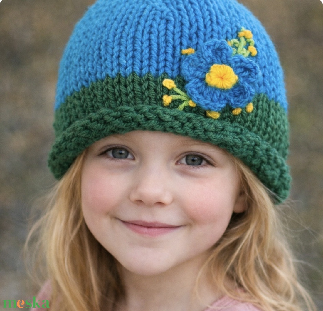 Lány sapka . Kézi kötésű oliva zöld és türkíz színű sapka  horgolt hímzett piros virágokkal díszítve eladó. - ruha & divat - sál, sapka, kendő - sapka - Meska.hu