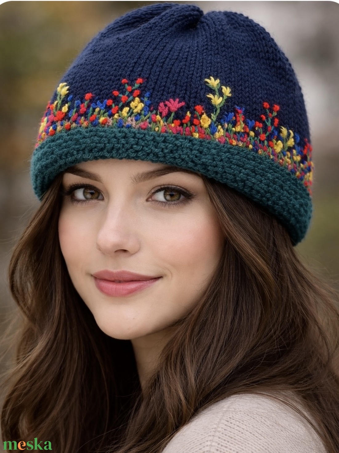 Sapka. Kézi kötésű,  sötét  kék   női sapka virágokkal hímezve  eladó Anyaga gyapjús kevert fonal.  - ruha & divat - sál, sapka, kendő - sapka & sál szett - Meska.hu
