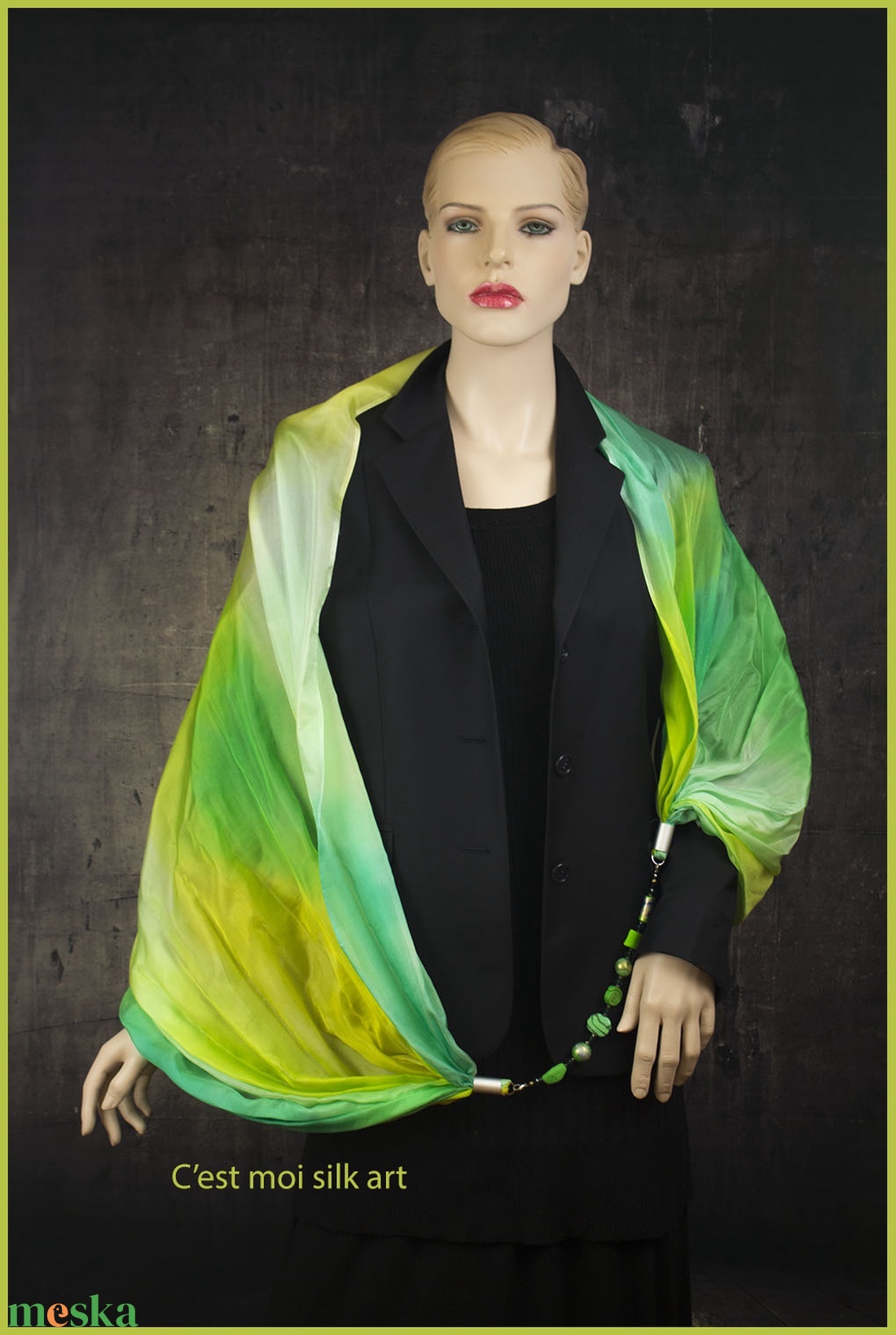 selyem kőrsál ékszerrel díszítve tavaszi zöld  - ruha & divat - sál, sapka, kendő - sál - Meska.hu