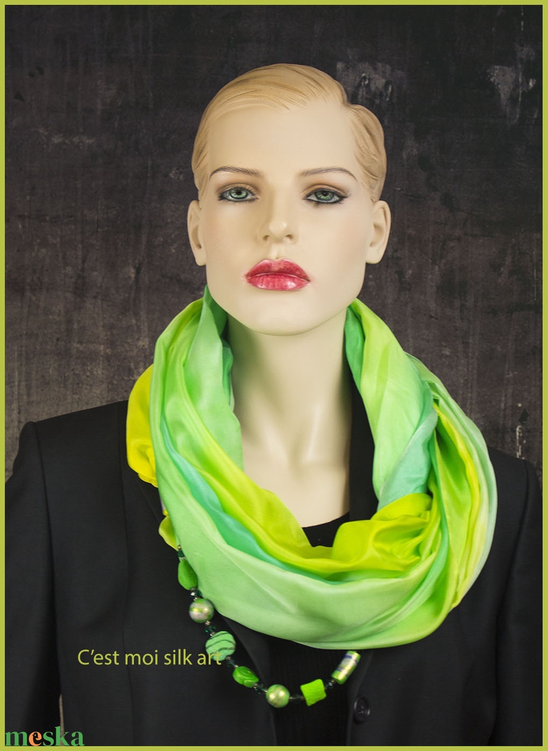 selyem kőrsál ékszerrel díszítve tavaszi zöld  - ruha & divat - sál, sapka, kendő - sál - Meska.hu