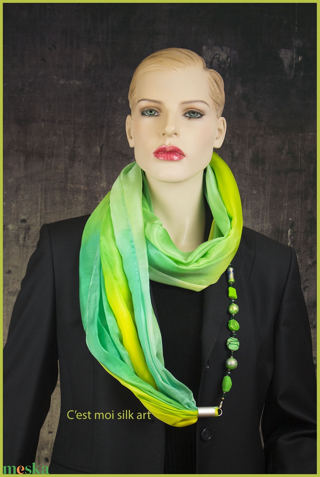 selyem kőrsál ékszerrel díszítve tavaszi zöld  - ruha & divat - sál, sapka, kendő - sál - Meska.hu