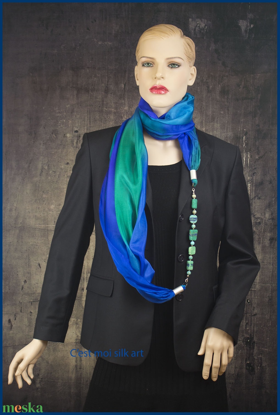 kézzel festett hernyóselyem ékszersál  türkiz  - ruha & divat - sál, sapka, kendő - kendő - Meska.hu