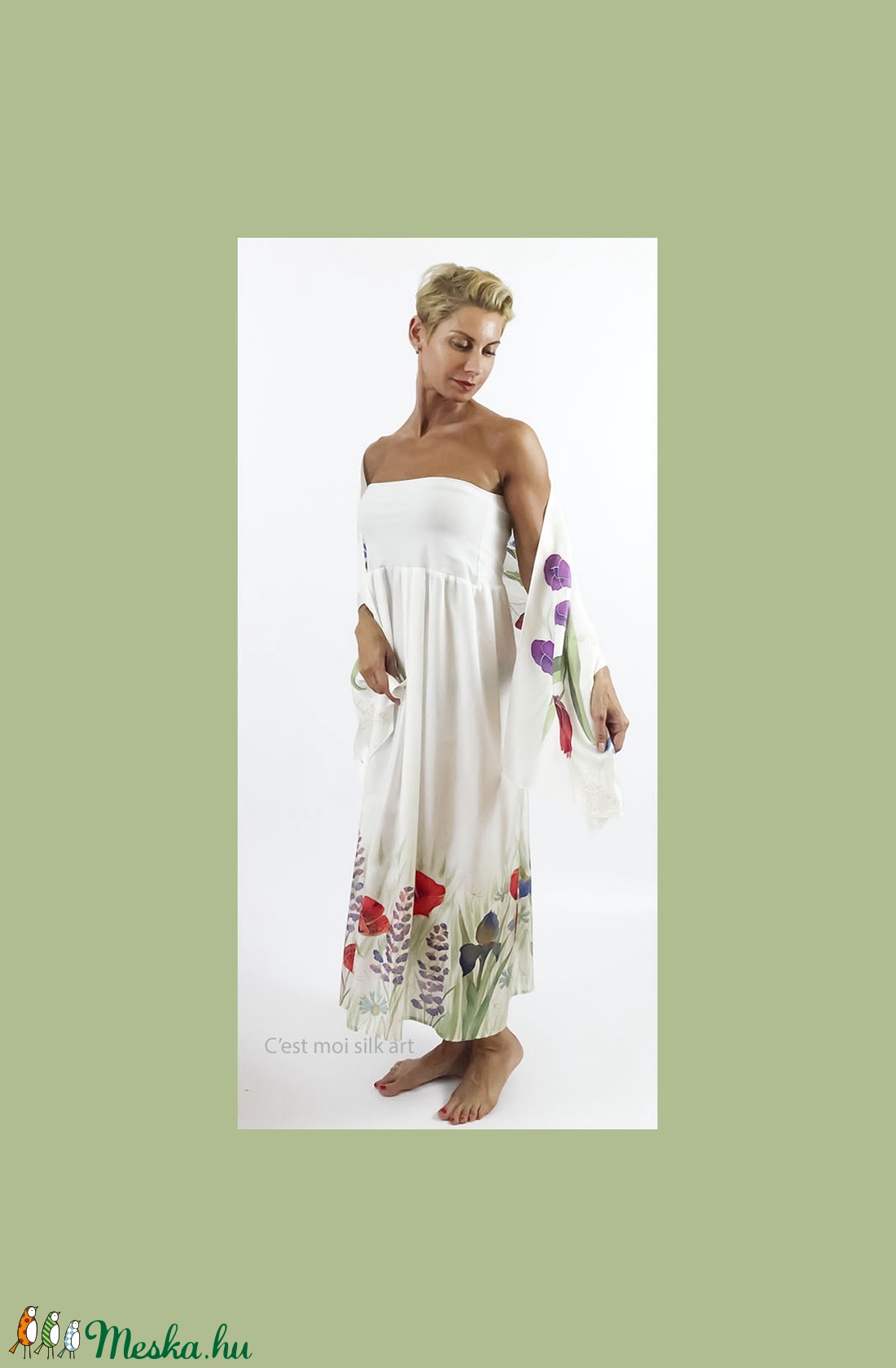 SELYEM RUHA VAGY SZOKNYA  FEHÉR MEZEI VIRÁGOKKAL - ruha & divat - női ruha - alkalmi ruha & estélyi ruha - Meska.hu