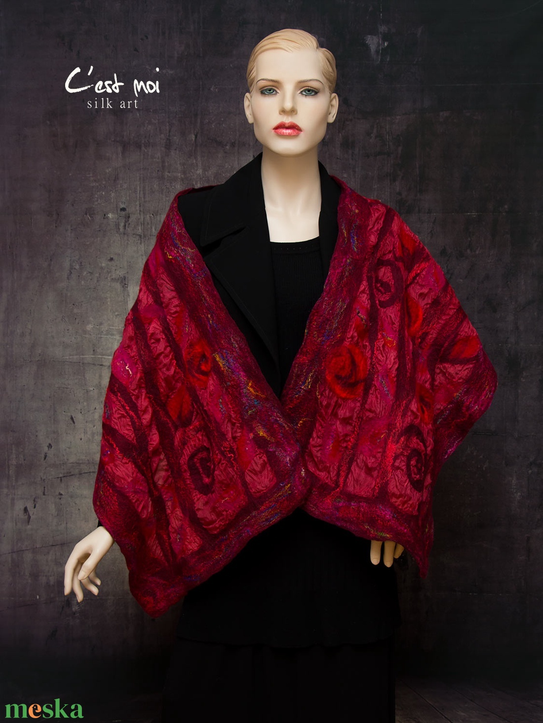 nuno nemez selyem sál bordó rózsákkal - ruha & divat - sál, sapka, kendő - kendő - Meska.hu