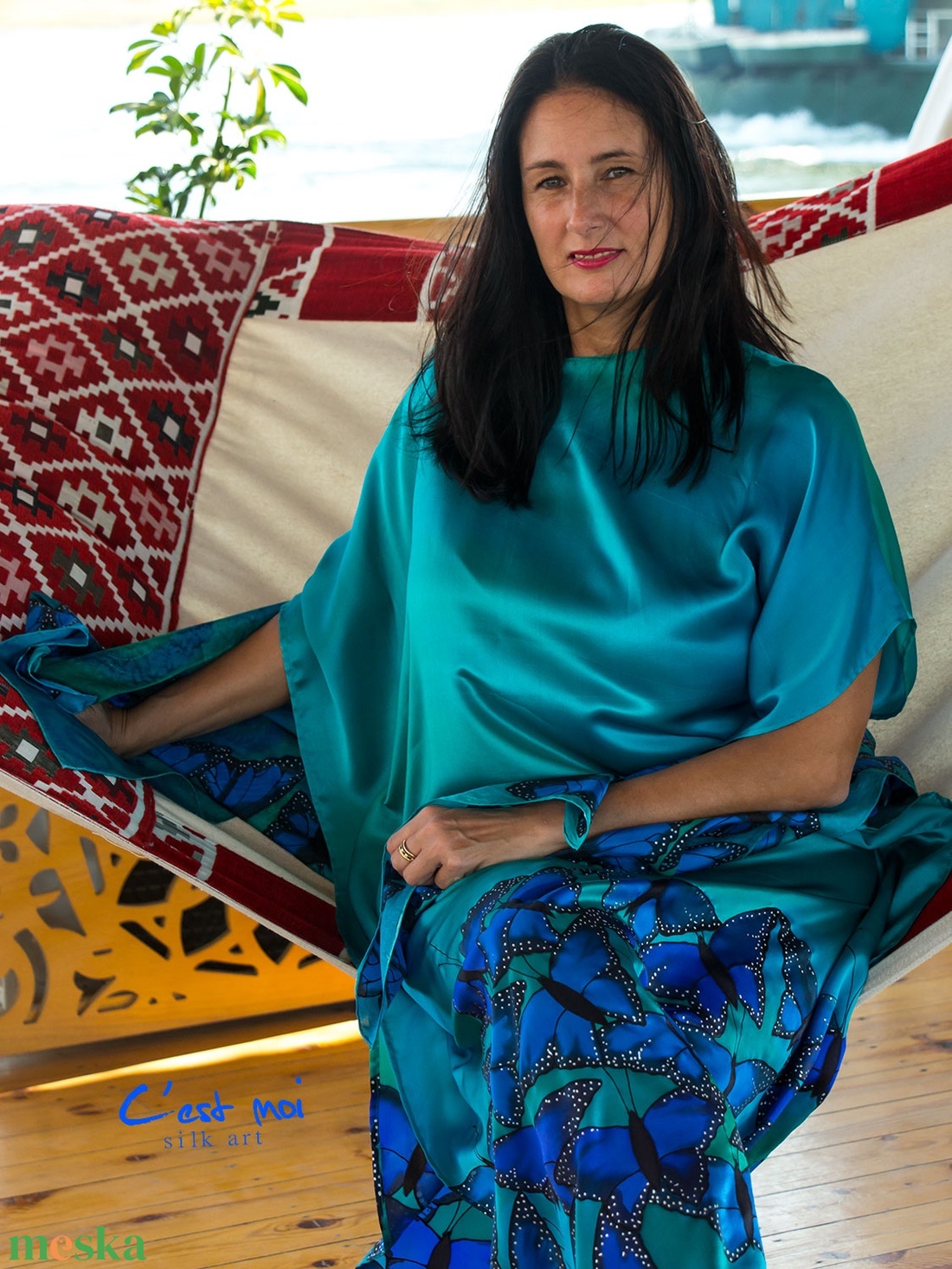 SELYEM SZATÉN türkiz ruha kék pillangókkal  - ruha & divat - női ruha - alkalmi ruha & estélyi ruha - Meska.hu