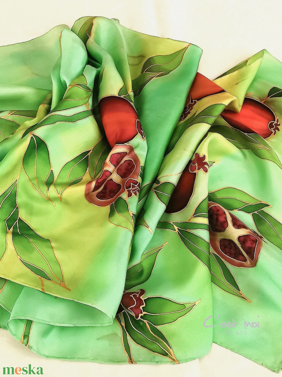 Zöld gránátalmás  selyem sál - ruha & divat - sál, sapka, kendő - sál - Meska.hu