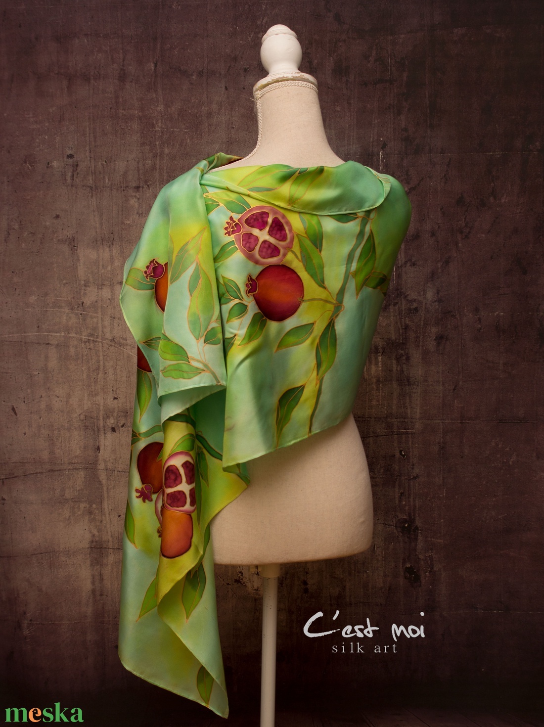 Zöld gránátalmás  selyem sál - ruha & divat - sál, sapka, kendő - sál - Meska.hu