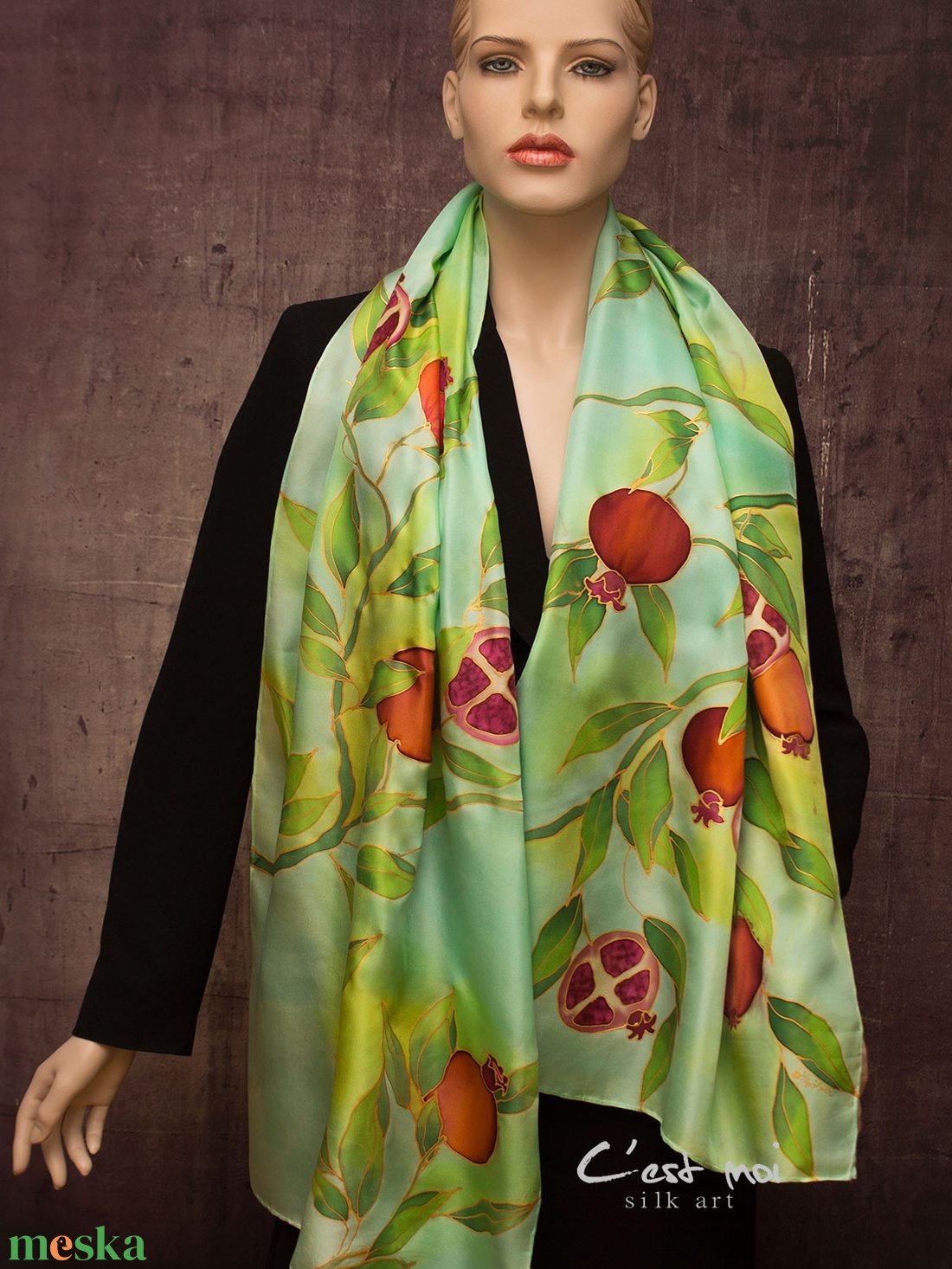 Zöld gránátalmás  selyem sál - ruha & divat - sál, sapka, kendő - sál - Meska.hu