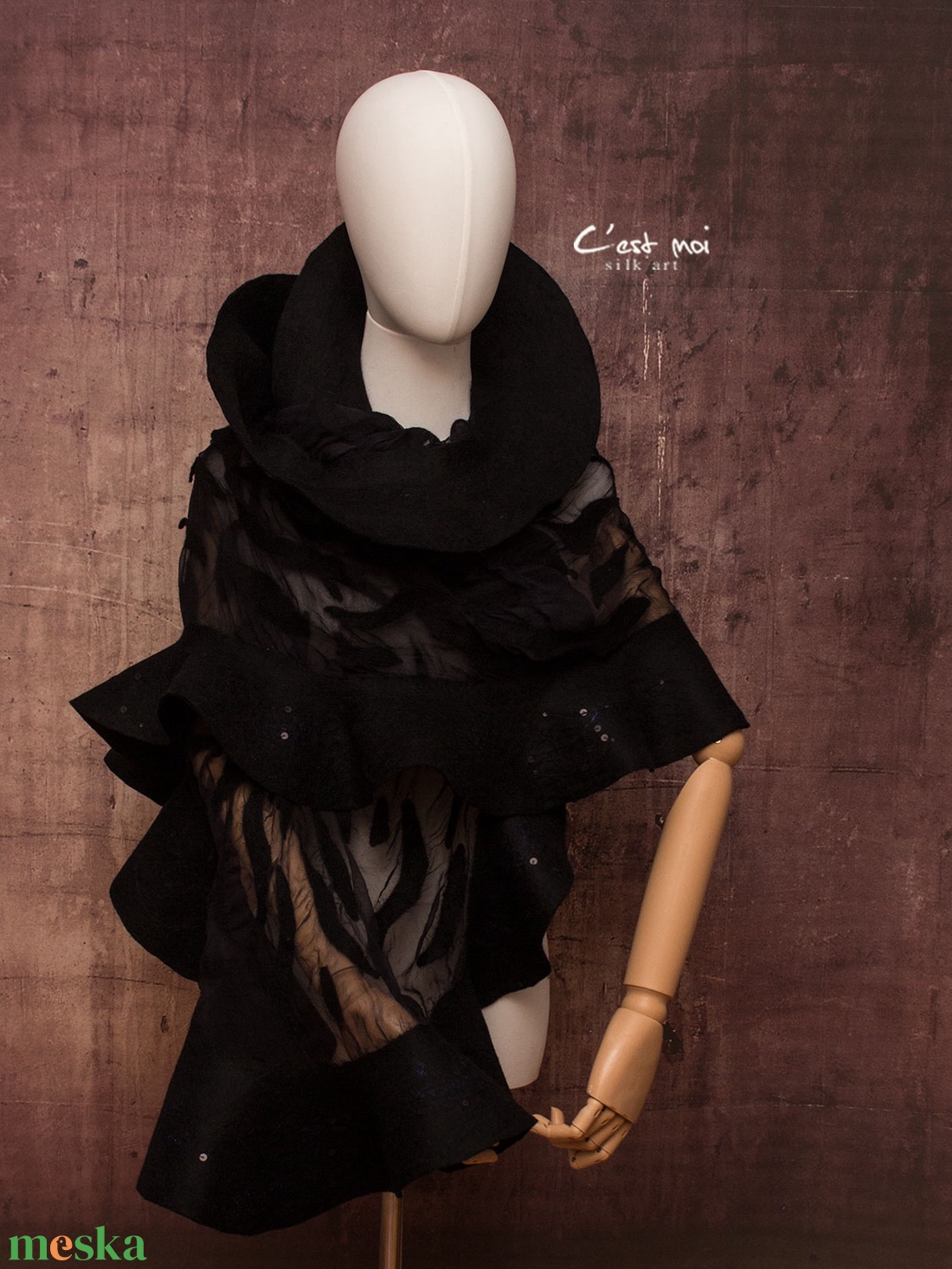 Fekete selyemre muszlinra nemezelt gyapjú stóla ,különleges  alkalomra - ruha & divat - sál, sapka, kendő - sál - Meska.hu