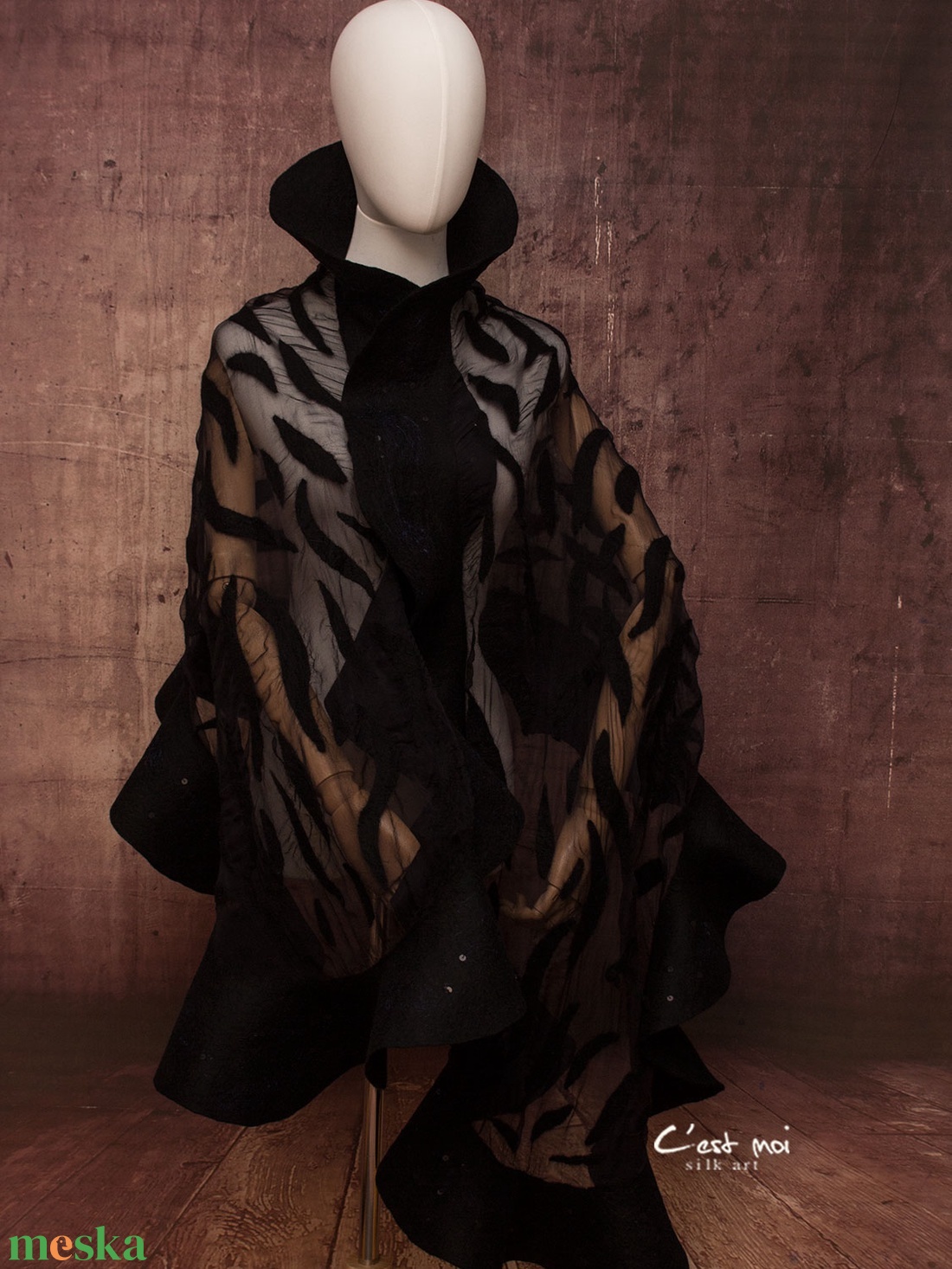 Fekete selyemre muszlinra nemezelt gyapjú stóla ,különleges  alkalomra - ruha & divat - sál, sapka, kendő - sál - Meska.hu