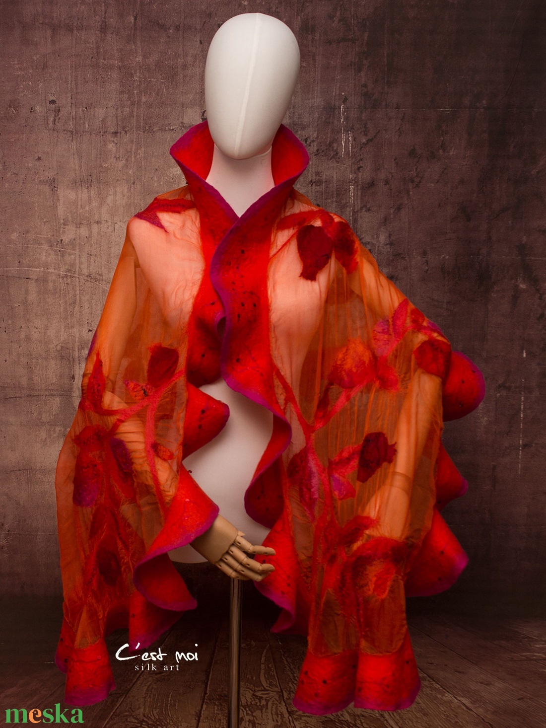 Piros  selyemre muszlinra nemezelt gyapjú stóla gránátalmás mintával ,különleges  alkalomra - ruha & divat - sál, sapka, kendő - sál - Meska.hu