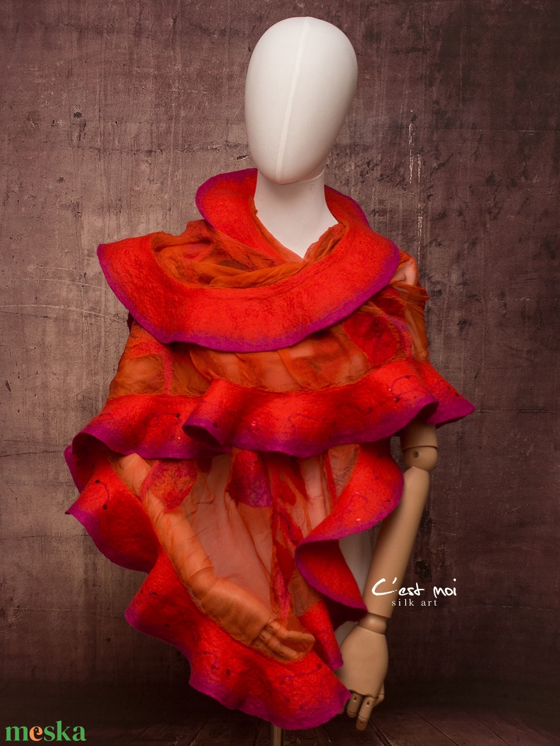 Piros  selyemre muszlinra nemezelt gyapjú stóla gránátalmás mintával ,különleges  alkalomra - ruha & divat - sál, sapka, kendő - sál - Meska.hu