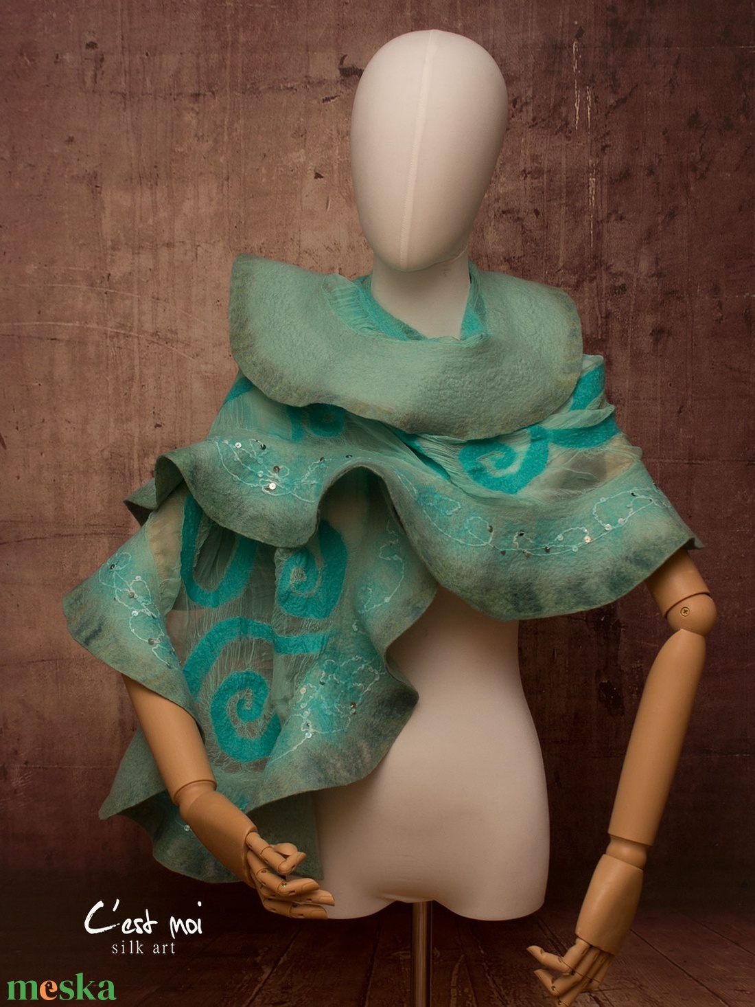 Türkiz  selyemre muszlinra nemezelt gyapjú stóla  ,különleges  alkalomra - ruha & divat - sál, sapka, kendő - sál - Meska.hu