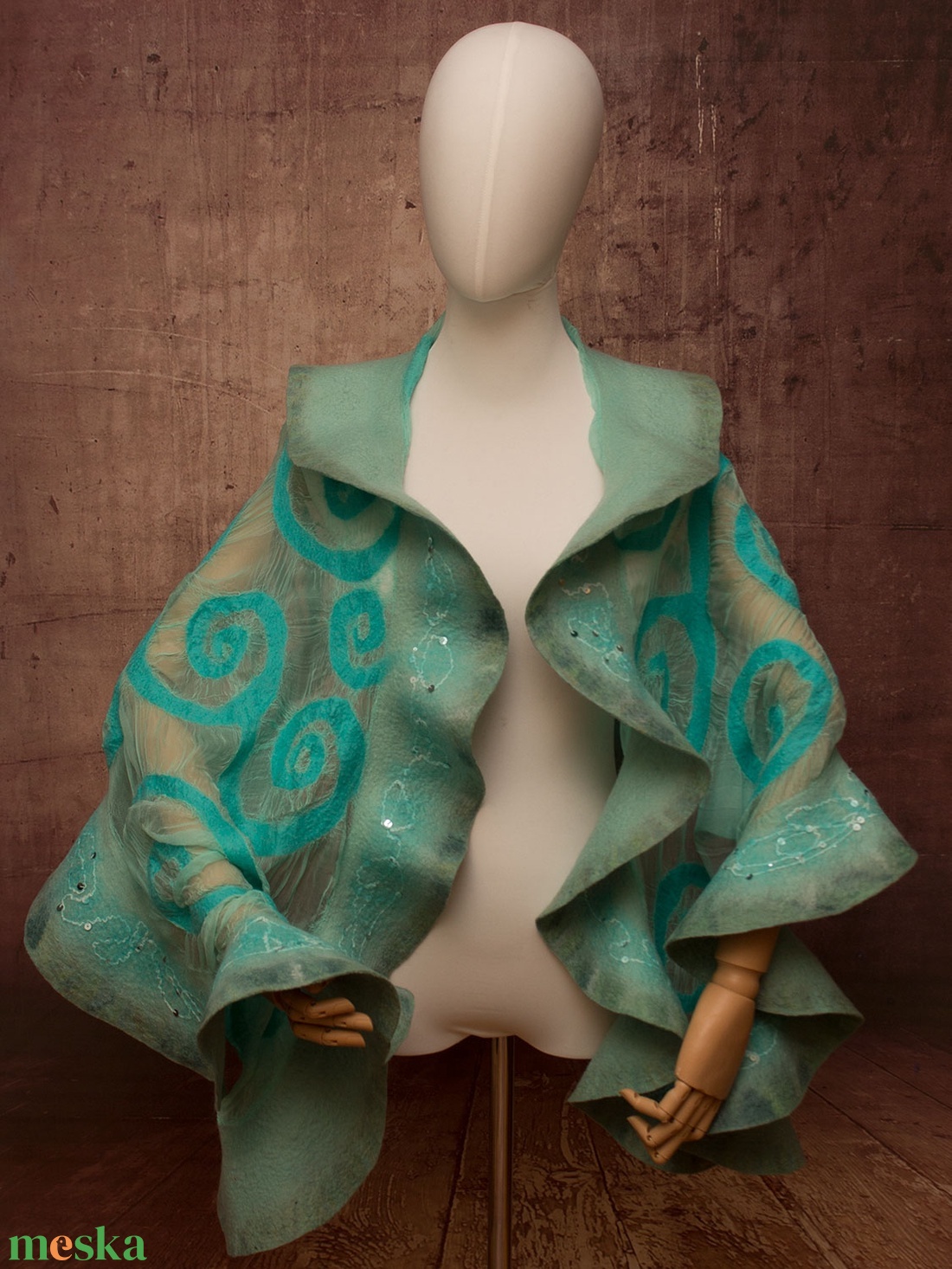 Türkiz  selyemre muszlinra nemezelt gyapjú stóla  ,különleges  alkalomra - ruha & divat - sál, sapka, kendő - sál - Meska.hu