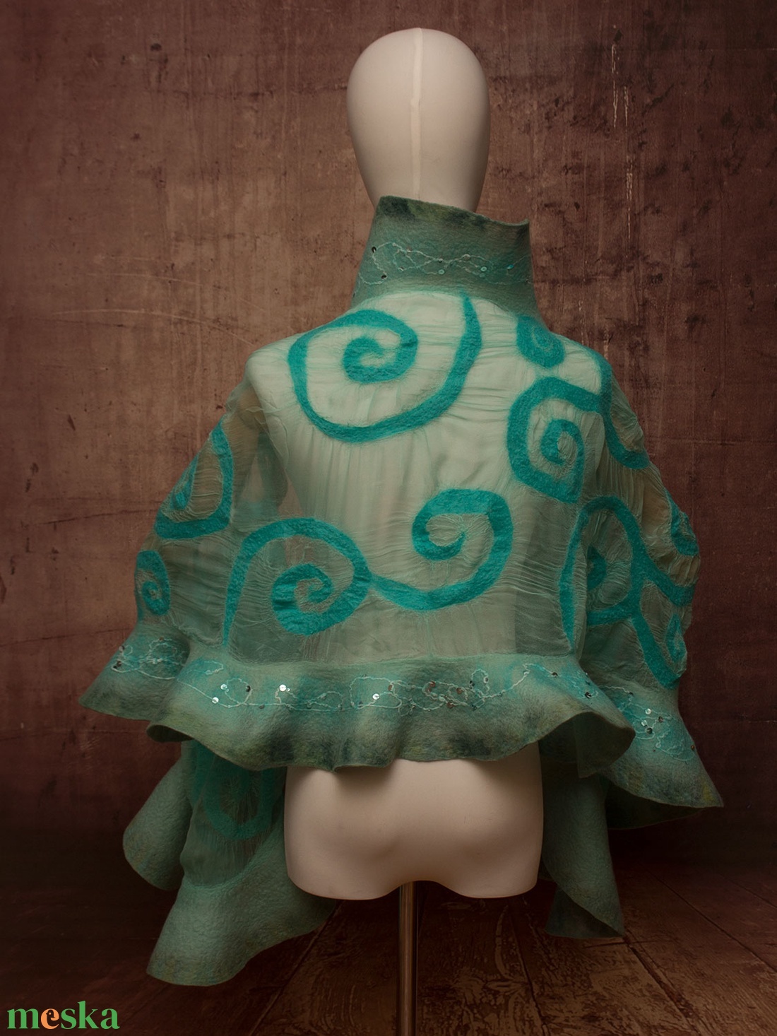 Türkiz  selyemre muszlinra nemezelt gyapjú stóla  ,különleges  alkalomra - ruha & divat - sál, sapka, kendő - sál - Meska.hu