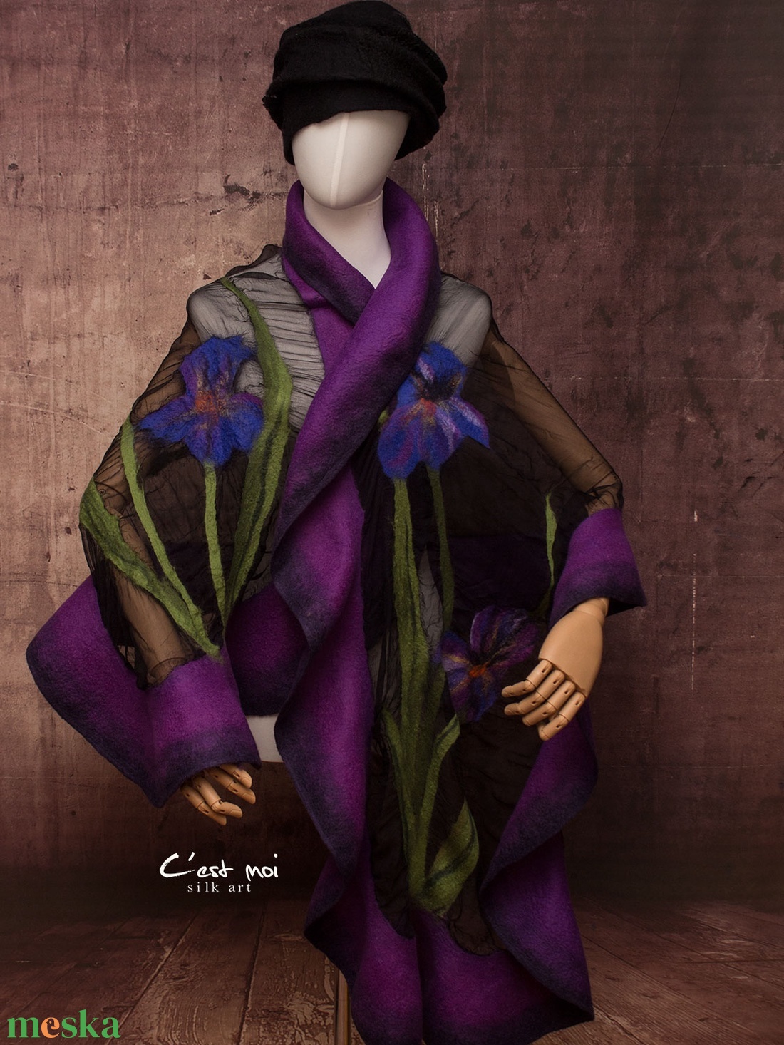 Íriszes lila  selyemre muszlinra nemezelt gyapjú stóla ,különleges  alkalomra - ruha & divat - sál, sapka, kendő - sál - Meska.hu