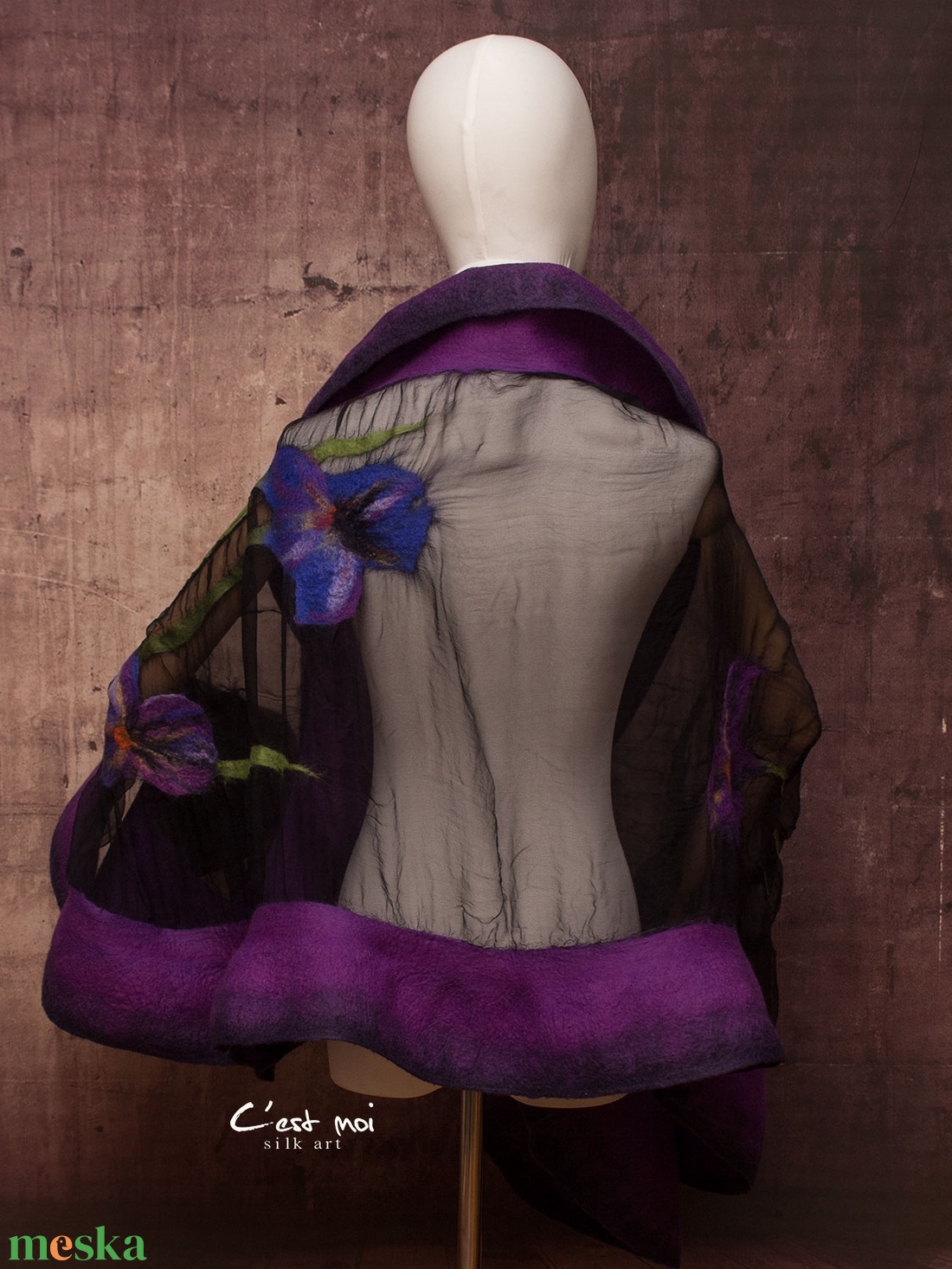 Íriszes lila  selyemre muszlinra nemezelt gyapjú stóla ,különleges  alkalomra - ruha & divat - sál, sapka, kendő - sál - Meska.hu