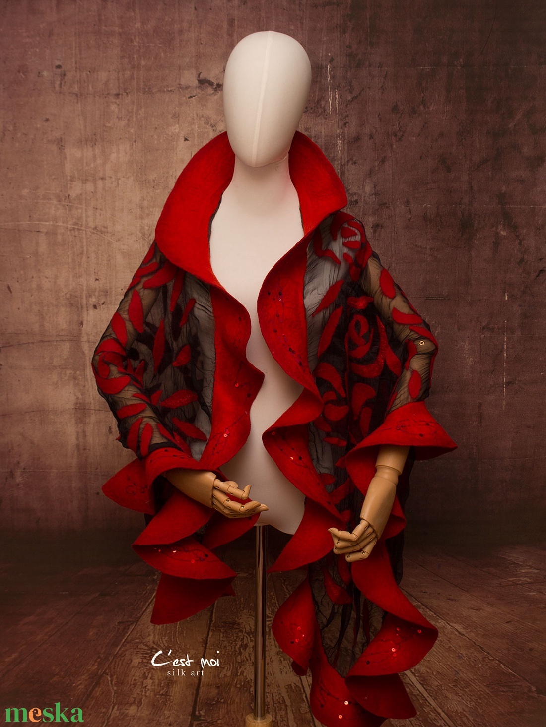 Piros  selyemre muszlinra nemezelt gyapjú stóla ,különleges  alkalomra - ruha & divat - sál, sapka, kendő - sál - Meska.hu