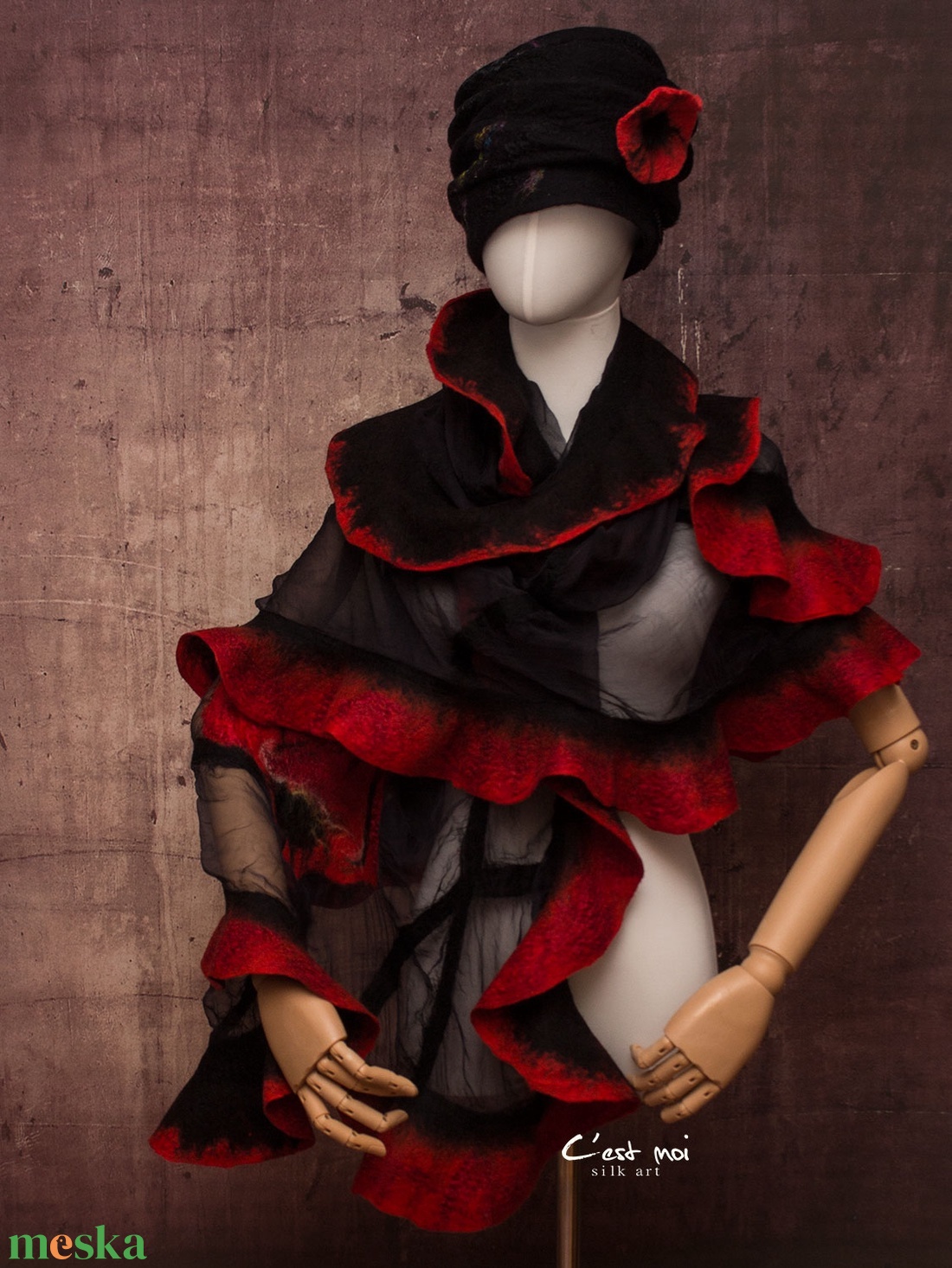 Piros pipacsos selyemre muszlinra nemezelt gyapjú stóla ,különleges  alkalomra - ruha & divat - sál, sapka, kendő - sál - Meska.hu