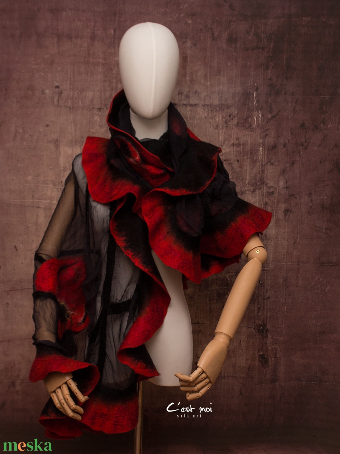 Piros pipacsos selyemre muszlinra nemezelt gyapjú stóla ,különleges  alkalomra - ruha & divat - sál, sapka, kendő - sál - Meska.hu