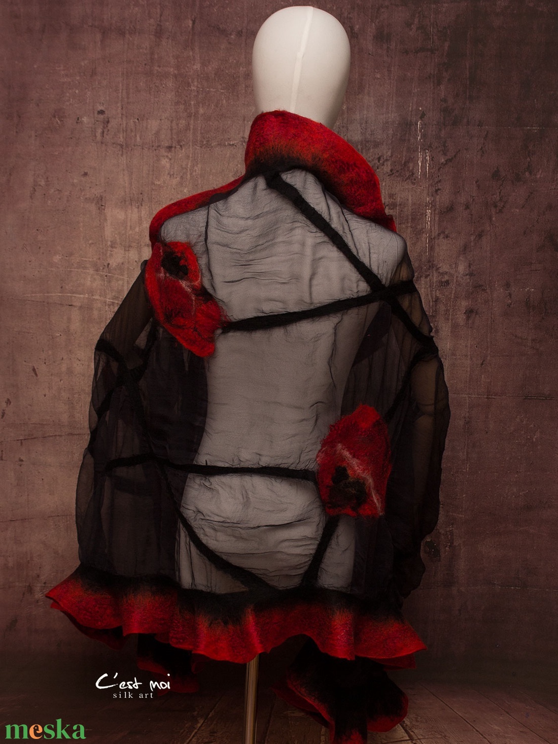 Piros pipacsos selyemre muszlinra nemezelt gyapjú stóla ,különleges  alkalomra - ruha & divat - sál, sapka, kendő - sál - Meska.hu