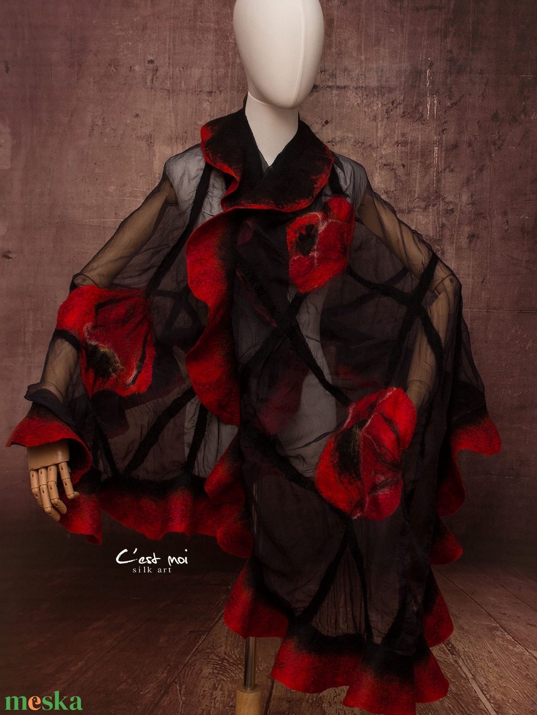 Piros pipacsos selyemre muszlinra nemezelt gyapjú stóla ,különleges  alkalomra - ruha & divat - sál, sapka, kendő - sál - Meska.hu