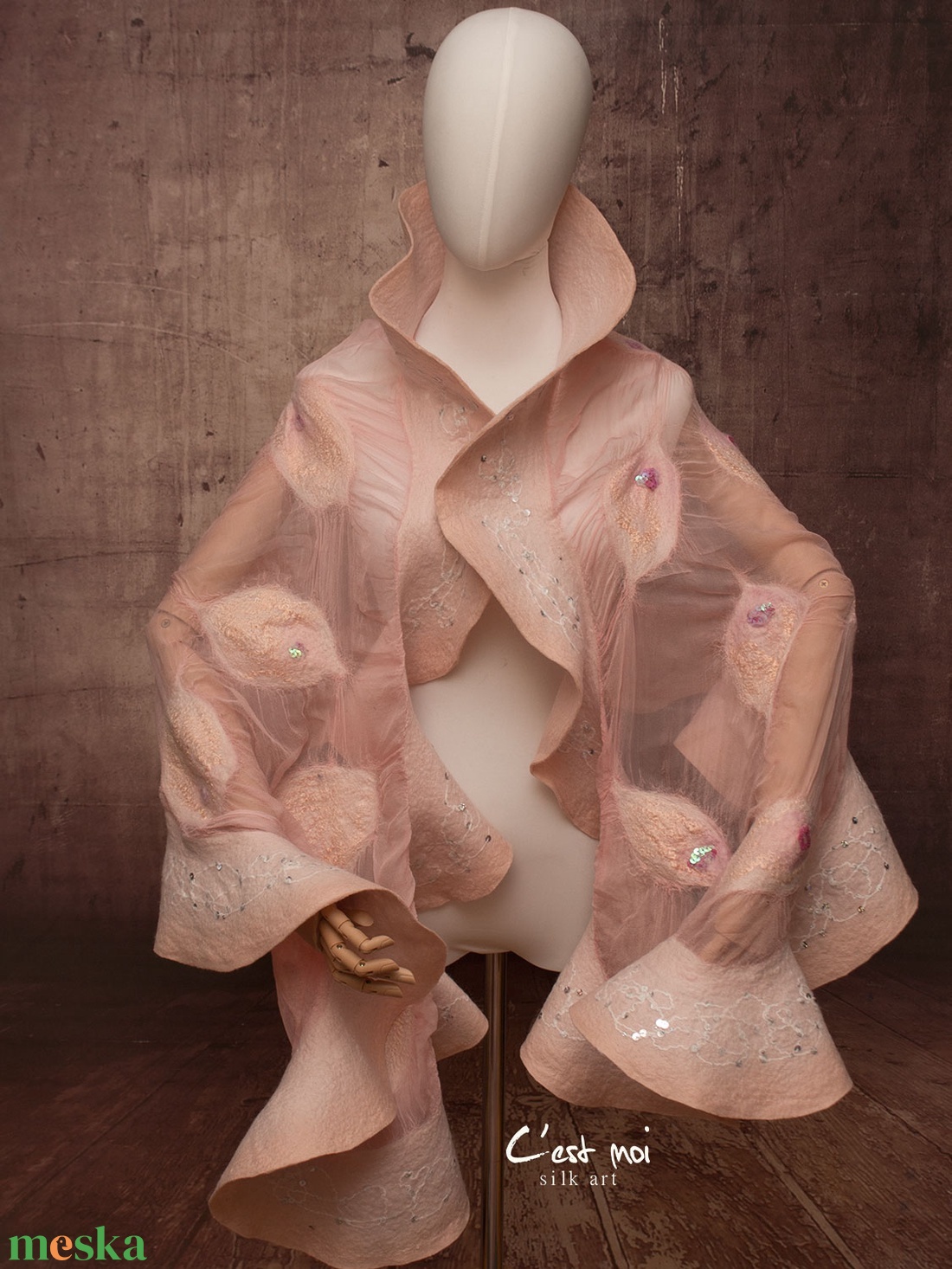 Rózsaszín selyemre muszlinra nemezelt gyapjú stóla ,különleges  alkalomra - ruha & divat - sál, sapka, kendő - sál - Meska.hu