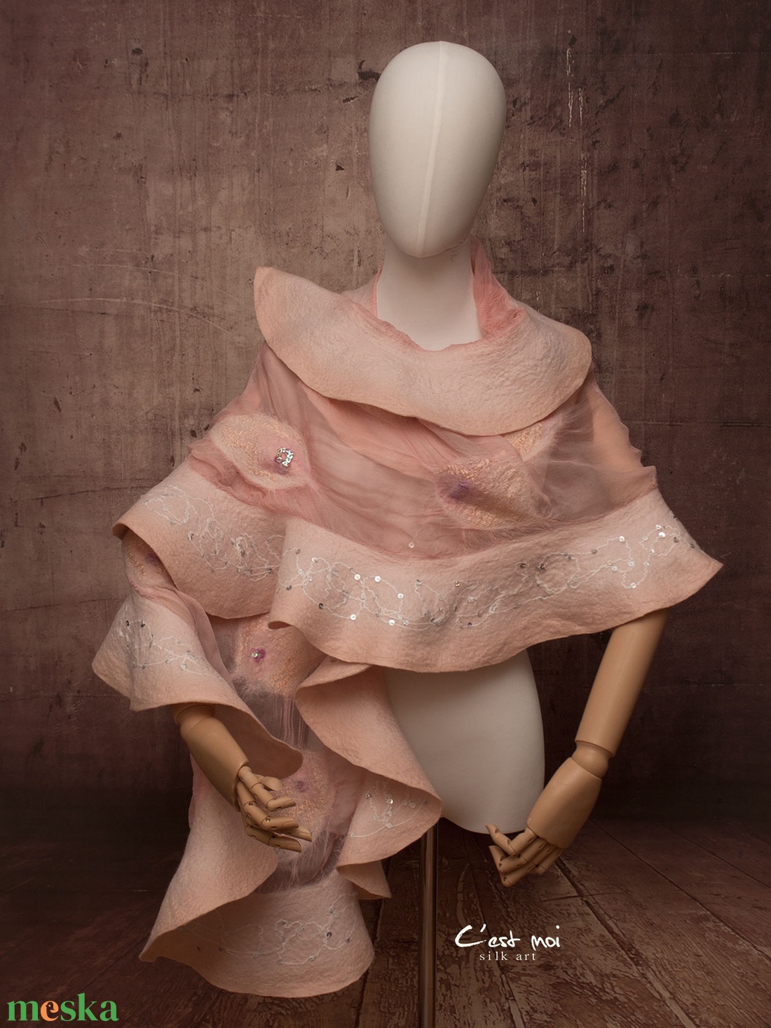 Rózsaszín selyemre muszlinra nemezelt gyapjú stóla ,különleges  alkalomra - ruha & divat - sál, sapka, kendő - sál - Meska.hu