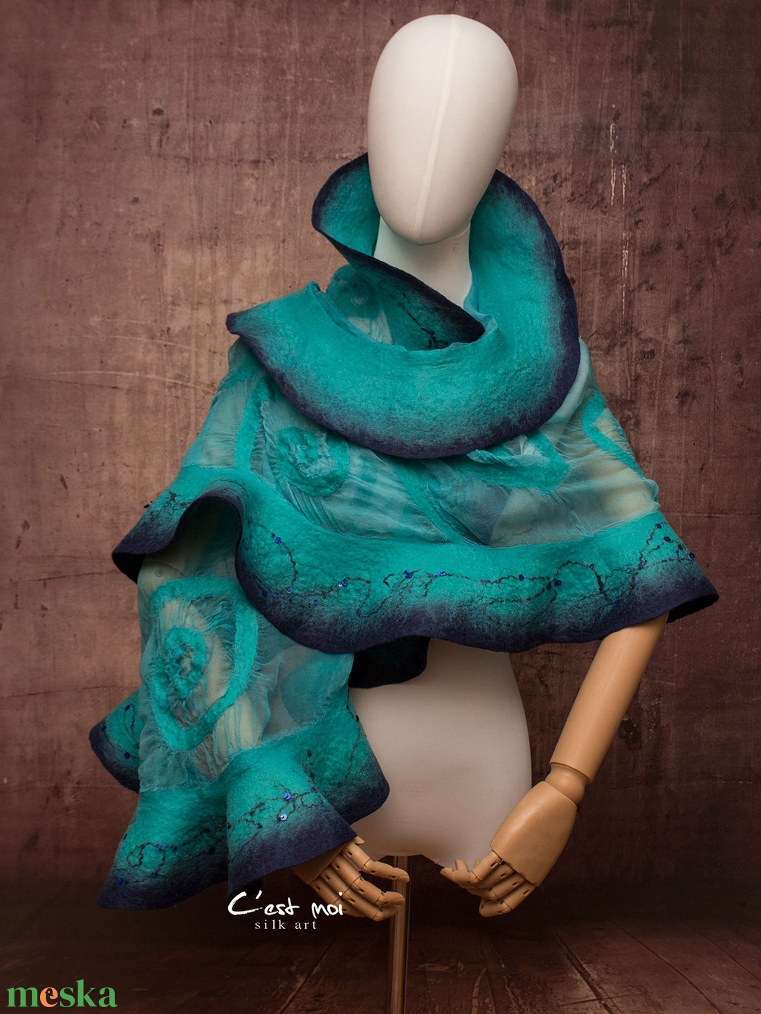 Kék selyemre muszlinra nemezelt gyapjú stóla ,különleges  alkalomra - ruha & divat - sál, sapka, kendő - sál - Meska.hu