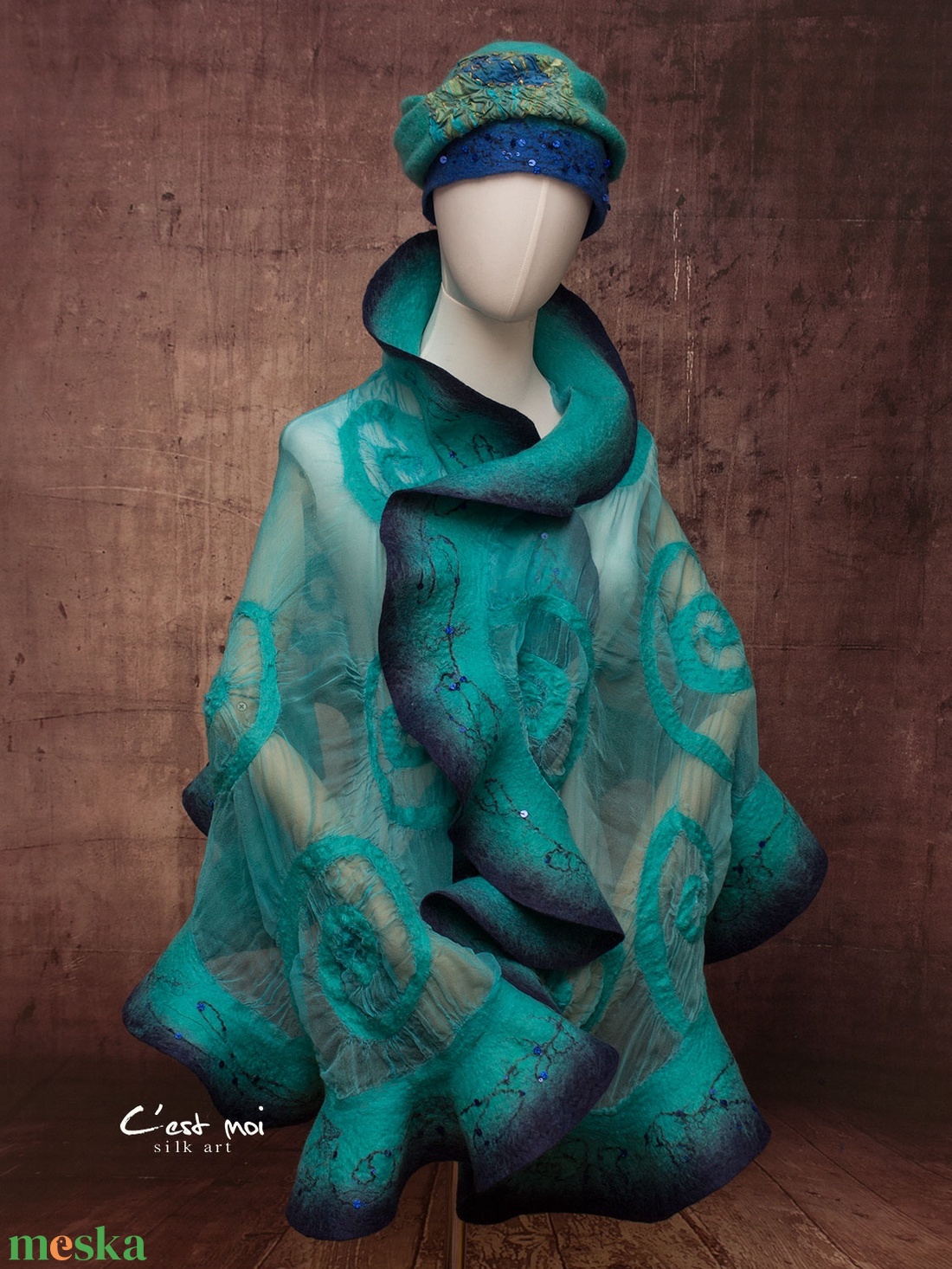 Kék selyemre muszlinra nemezelt gyapjú stóla ,különleges  alkalomra - ruha & divat - sál, sapka, kendő - sál - Meska.hu