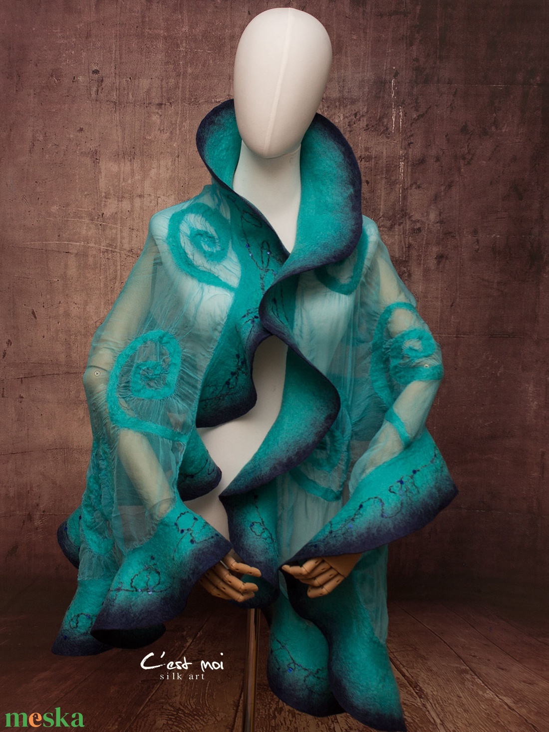 Kék selyemre muszlinra nemezelt gyapjú stóla ,különleges  alkalomra - ruha & divat - sál, sapka, kendő - sál - Meska.hu