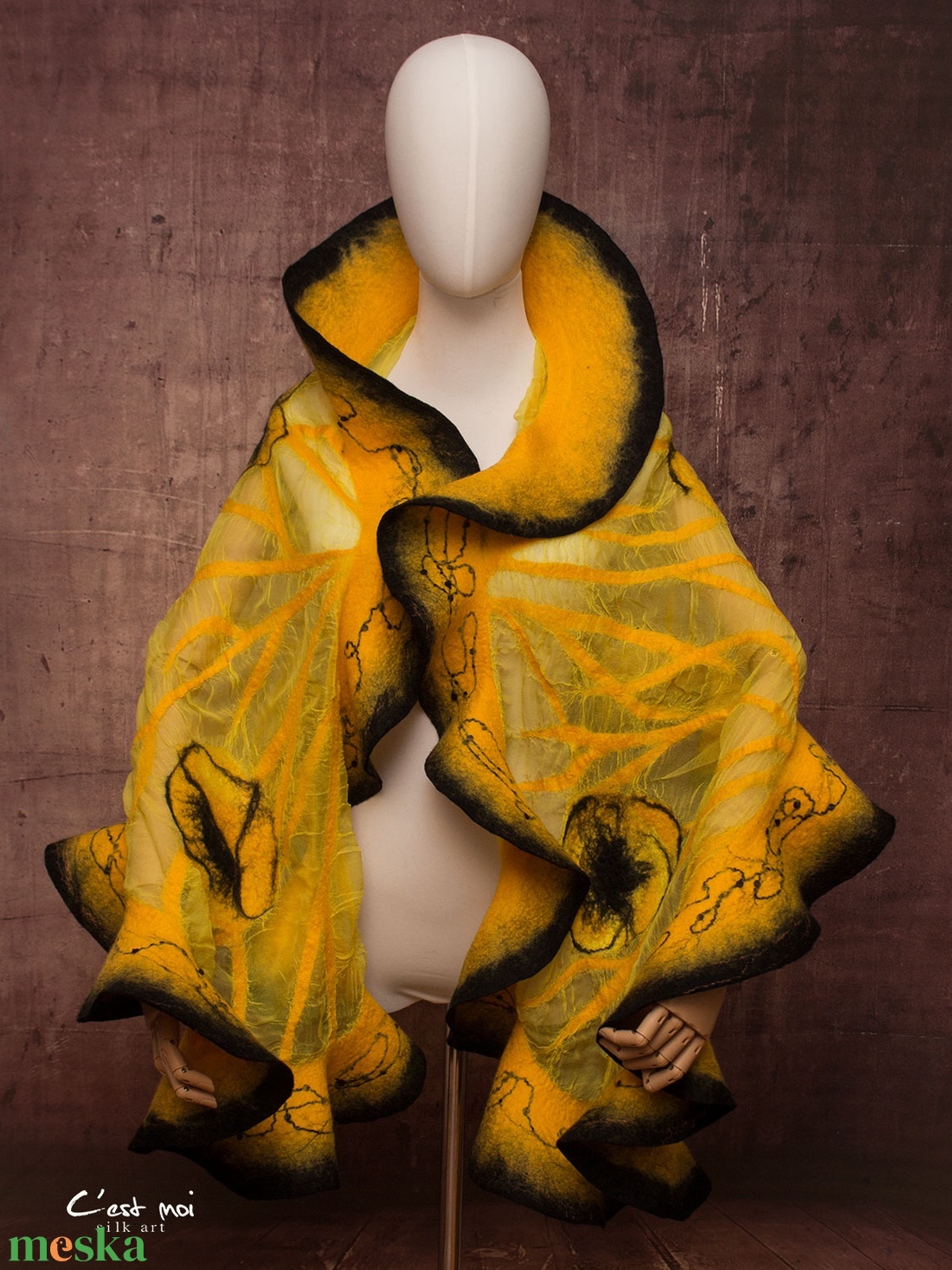 Sárga pipacsos  selyemre muszlinra nemezelt gyapjú stóla ,különleges  alkalomra - ruha & divat - sál, sapka, kendő - sál - Meska.hu