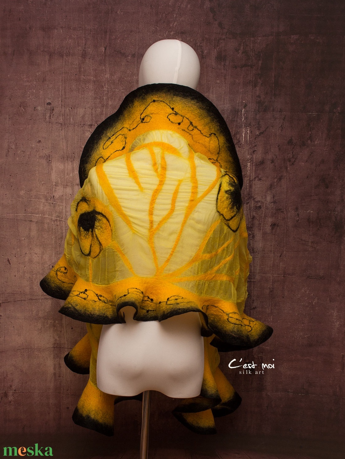 Sárga pipacsos  selyemre muszlinra nemezelt gyapjú stóla ,különleges  alkalomra - ruha & divat - sál, sapka, kendő - sál - Meska.hu