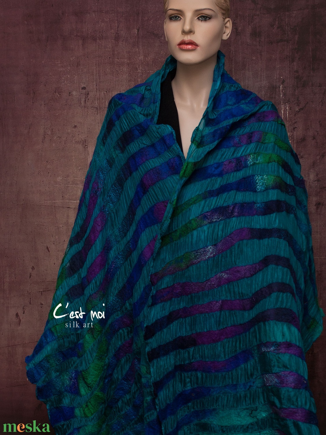 kék csíkos selyemre nemezelt gyapjú stóla esküvőre , alkalomra - ruha & divat - sál, sapka, kendő - sál - Meska.hu