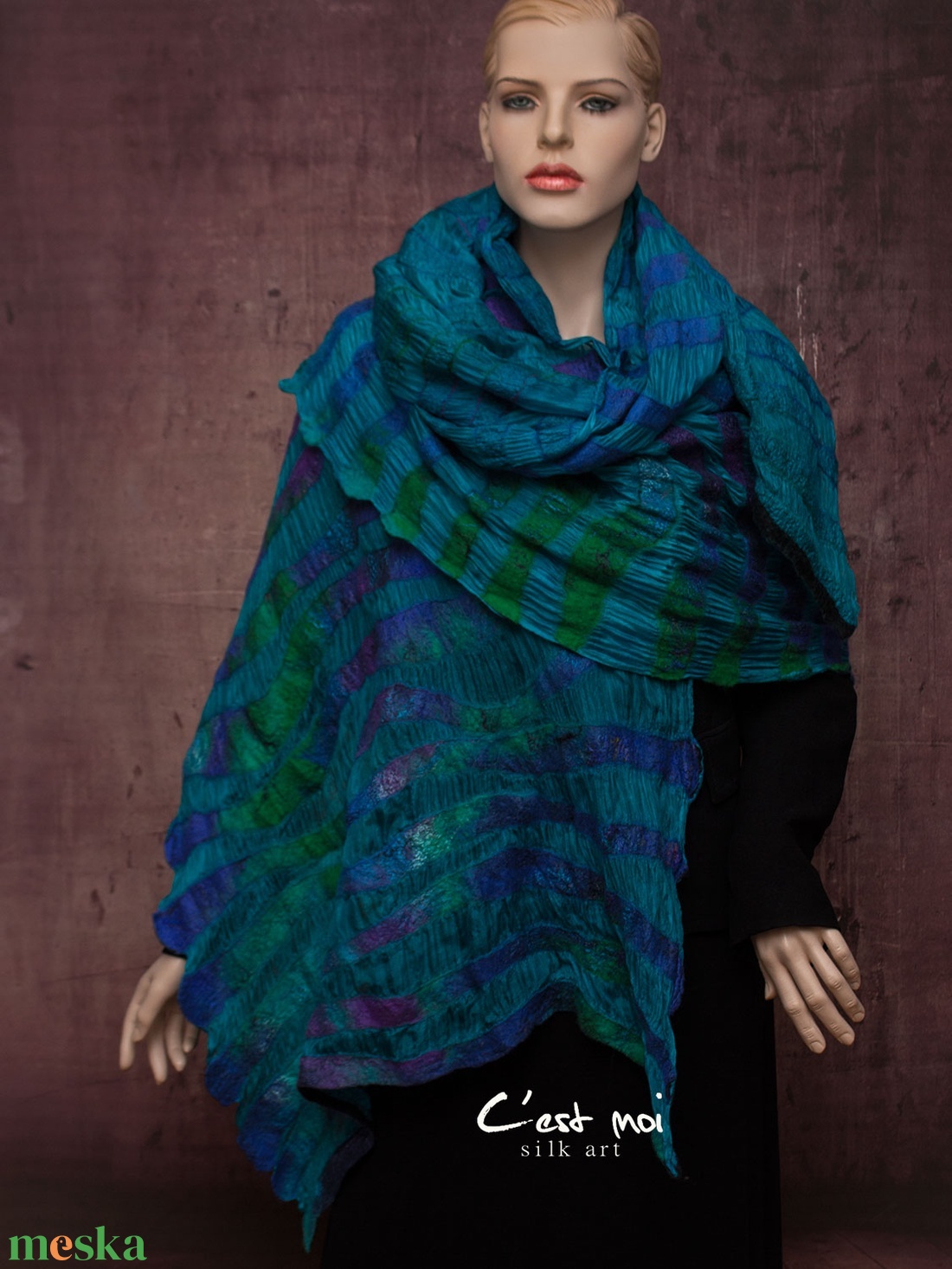 kék csíkos selyemre nemezelt gyapjú stóla esküvőre , alkalomra - ruha & divat - sál, sapka, kendő - sál - Meska.hu