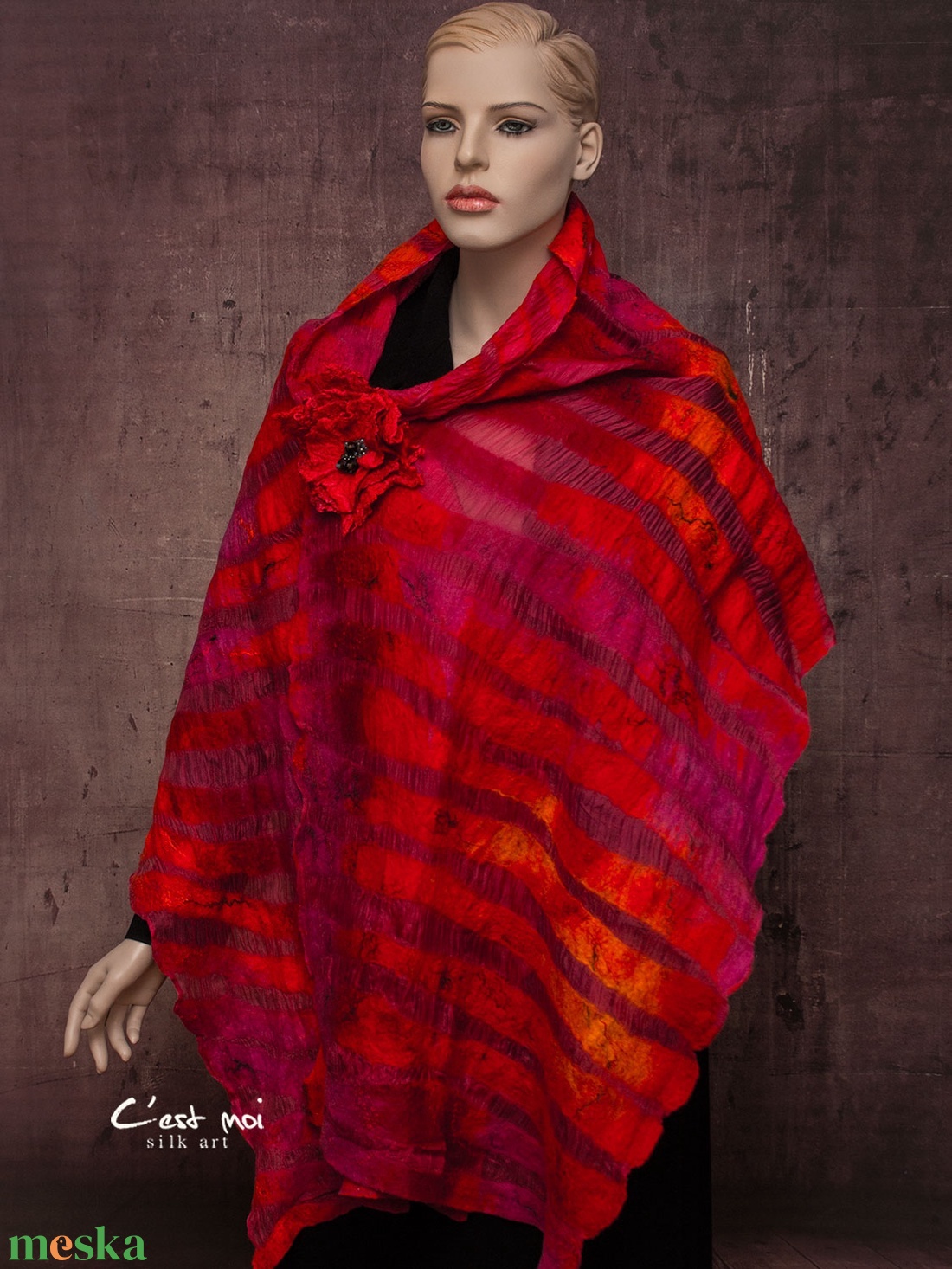 Piros narancs csíkos selyemre nemezelt gyapjú stóla esküvőre , alkalomra - ruha & divat - sál, sapka, kendő - sál - Meska.hu