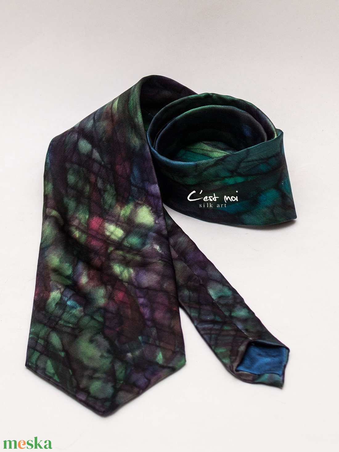 Zöld kézzel festett selyem nyakkendő  - ruha & divat - férfi ruha - nyakkendő - Meska.hu