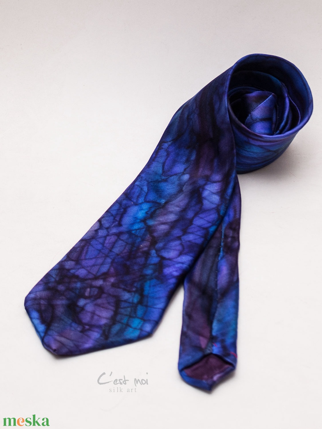 Kék kézzel festett selyem nyakkendő  - ruha & divat - férfi ruha - nyakkendő - Meska.hu