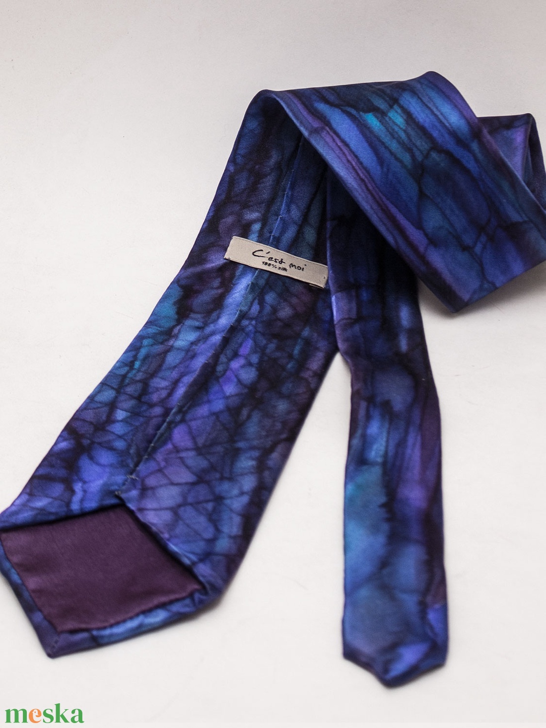 Kék kézzel festett selyem nyakkendő  - ruha & divat - férfi ruha - nyakkendő - Meska.hu