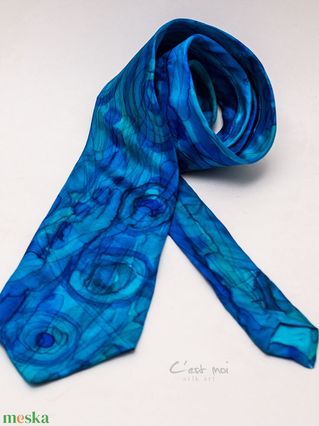 Kék kézzel festett selyem nyakkendő  - ruha & divat - férfi ruha - nyakkendő - Meska.hu