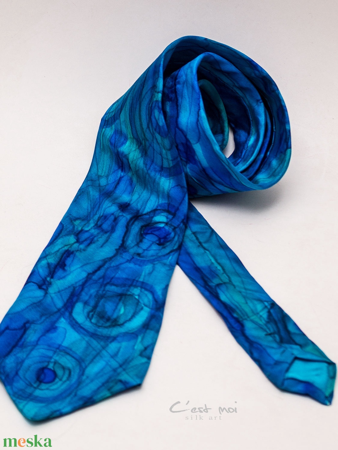 Kék kézzel festett selyem nyakkendő  - ruha & divat - férfi ruha - nyakkendő - Meska.hu