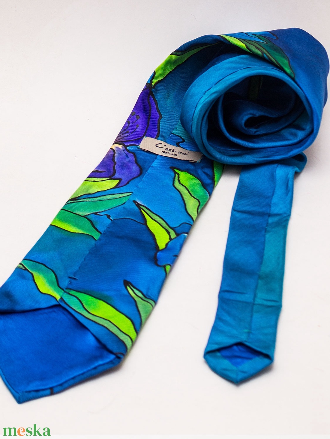 Kék íriszes kézzel festett selyem nyakkendő  - ruha & divat - férfi ruha - nyakkendő - Meska.hu