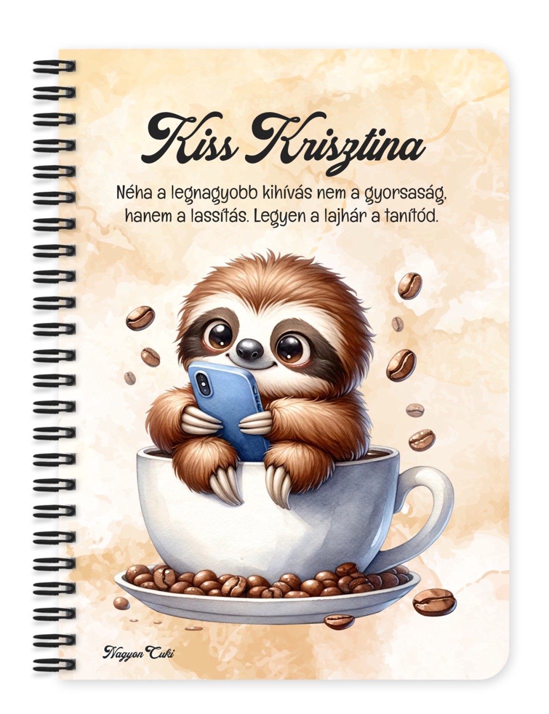 Személyre szabható - Telefonozós Kávés lajhár mintás A5-ös füzet - otthon & életmód - papír, írószer - jegyzetfüzet & napló - Meska.hu