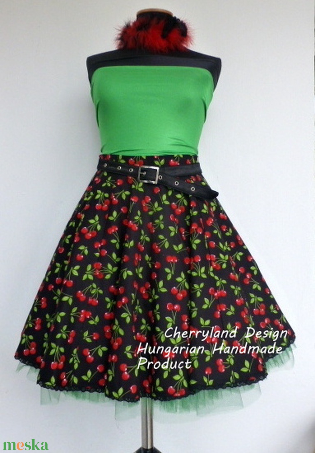 Cherryland Design Fekete Cseresznyés Rockabilly stílusú  szoknya - ruha & divat - női ruha - szoknya - Meska.hu