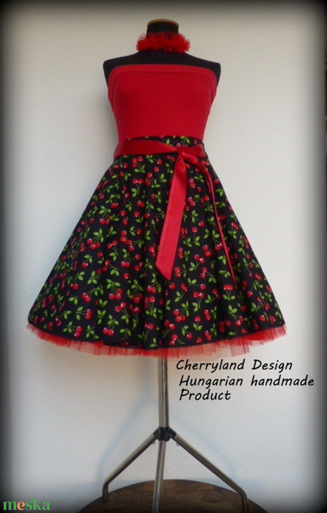 Cherryland Design Fekete Cseresznyés Rockabilly stílusú  szoknya - ruha & divat - női ruha - szoknya - Meska.hu